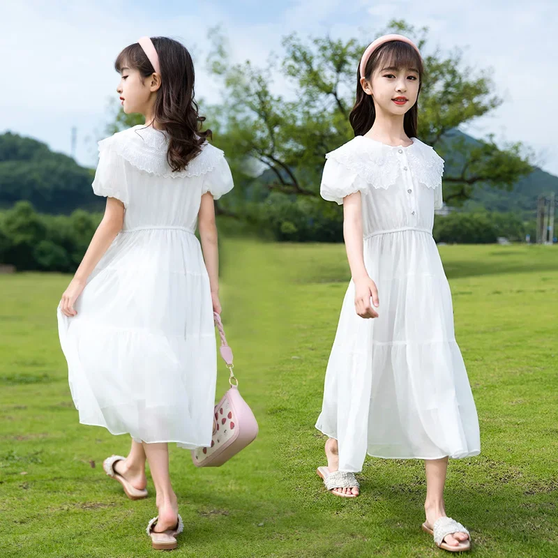 Robe de princesse en mousseline de soie pour adolescentes, vêtements éducatifs en dentelle blanche, 