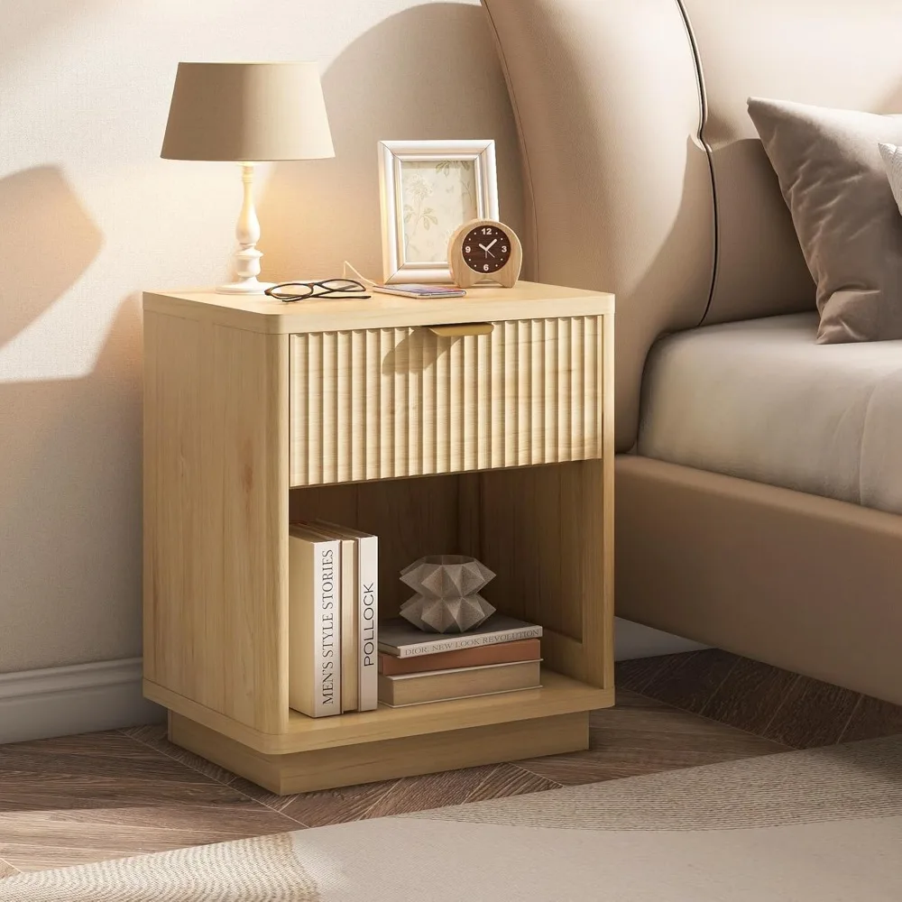 

Fluted Nightstand Charging Station,Wood Modern Night Stands Storage Cabinet for Bedroom,Oak Bedside Table with Drawers