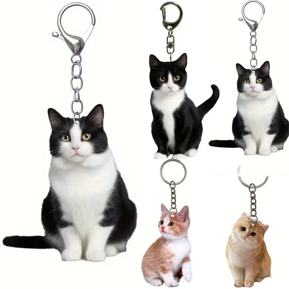 Cute Black and White Cat Keychain 2D Acrylic Cat Pendant,Orange Cats Design Animal Car Key Key Ring Charm for Backpacks Gifts