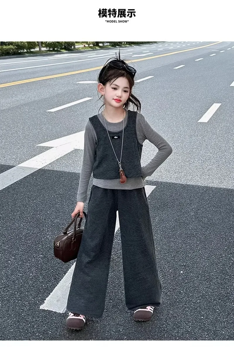 Herbst Kinder Mädchen 3-teiliges Kleidungsset UNITIM 2026 Teenager Mädchen Langarm-Weste Hosen-Outfits Junior Mädchen Weite Hosenanzüge – Detail 7