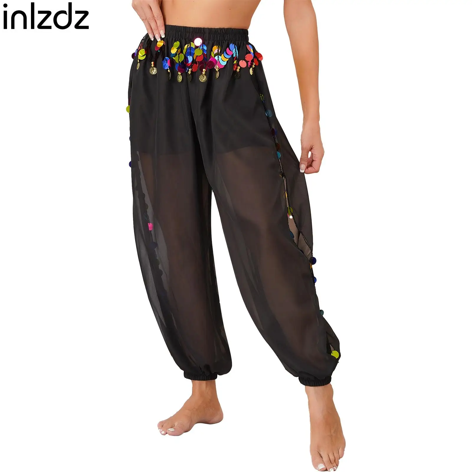 Women's Belly Dance Pants Stage Performance Costume Mid-Waist Side Split Sequins Bloomers Semi Chiffon Loose Pants Dance Trouser