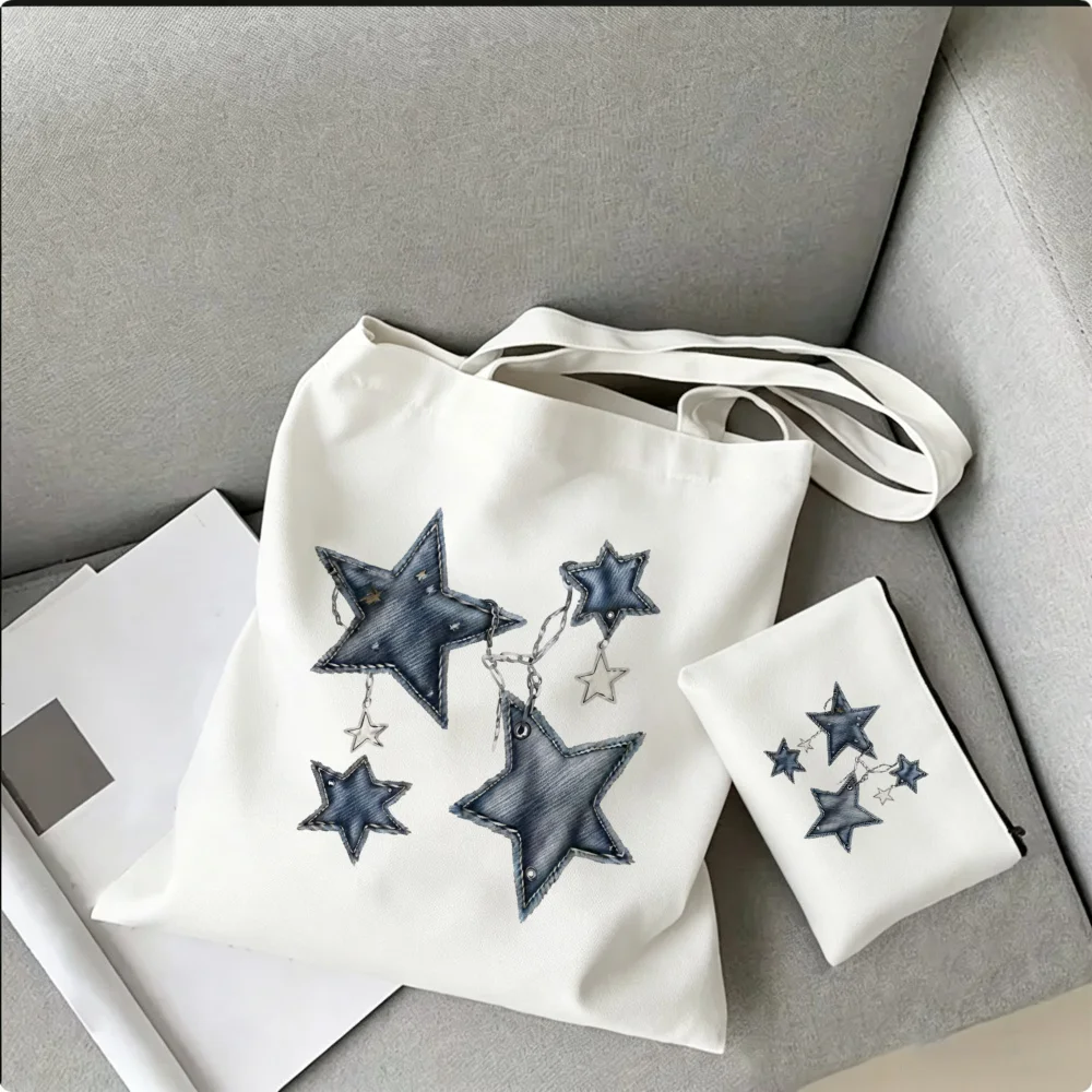 Y2K Denim Star School Bookbag Chain Print Casual Daypack Streetwear Satchel Harajuku Aesthetic Grunge women Campus Utility Tote
