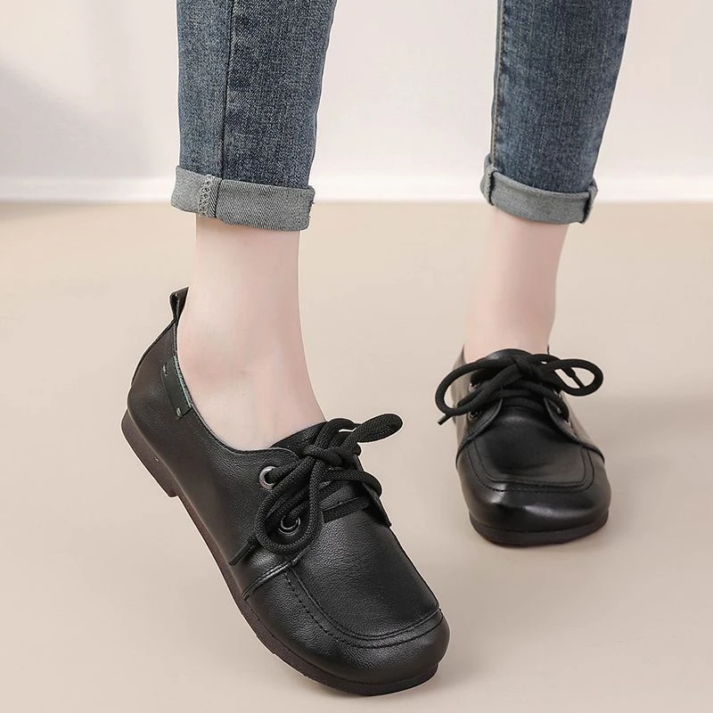 Handmade Vintage Plain Oxfords Shoes Women\'s Genuine Leather Flats Shoes Ladies Laced Up Moccasins Elderly Woman Driving Loafers