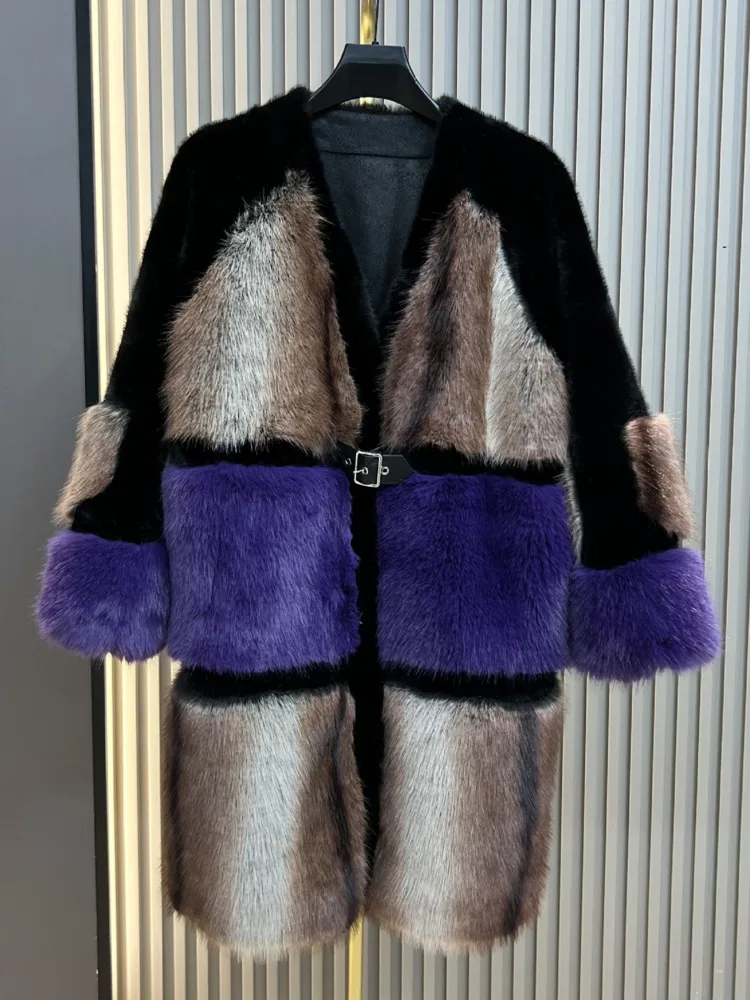 ZMEENNA معطف نسائي من الفرو الصناعي كتلة ألوان تصميم لوحة أفقية بدون ياقة على شكل حرف V مشبك ملابس خارجية شتوية دافئة ZM4480 #3