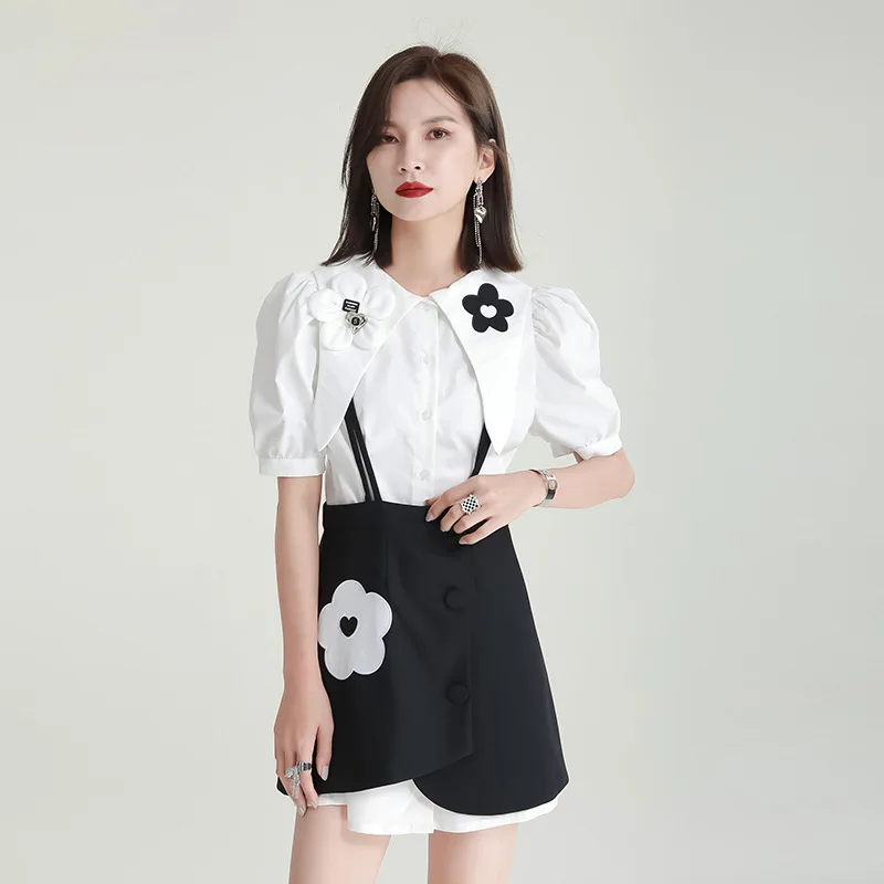 Fashion Design 2024 Summer Set Women's Dress Small stature slimming design cute flower white shirt skirt