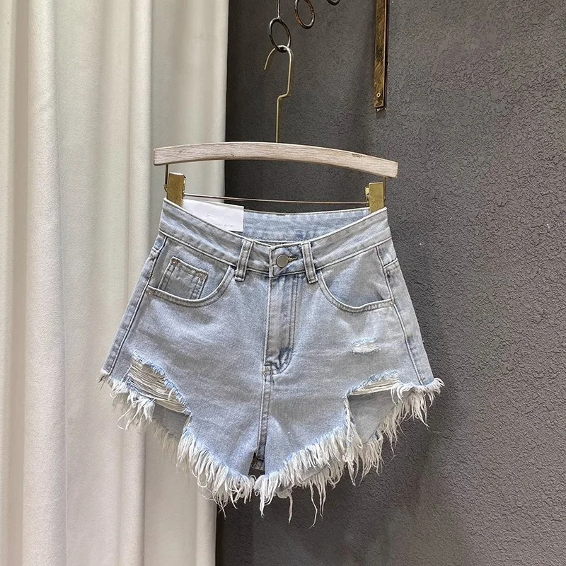 Women Gray High Waist Denim Shorts Female Summer Hottie Show Hole Fringe Fur-Edged Beggar Wide Leg Pants Hot Jeans Mujer