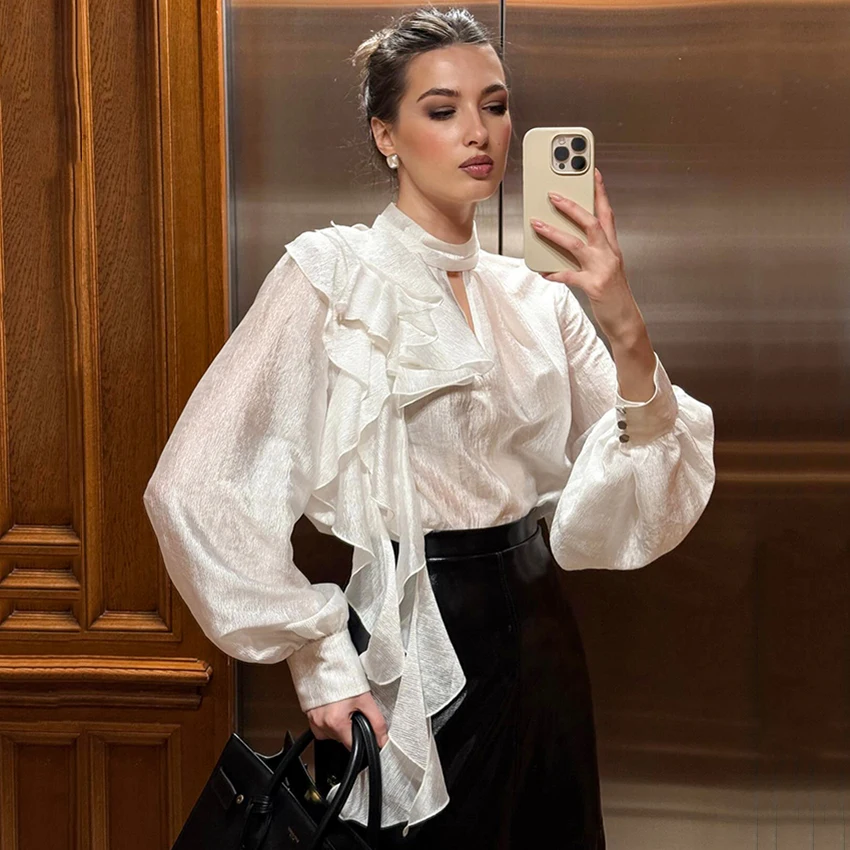 

Linad Elegant White Ruffles Shirts Female Vintage Lantern Sleeve Blouse Woman 2026 Fashion Solid Pullover Ladies Tops Spring Bow