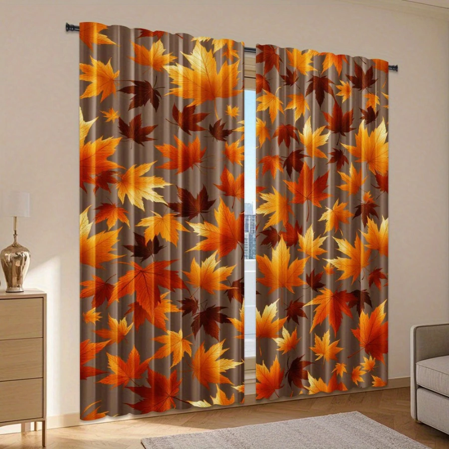 2pcs Autumn Maple Leaf Curtains Fall Leaves Window Drapes Harvest Season Botanical Decor for Living Room Bedroom