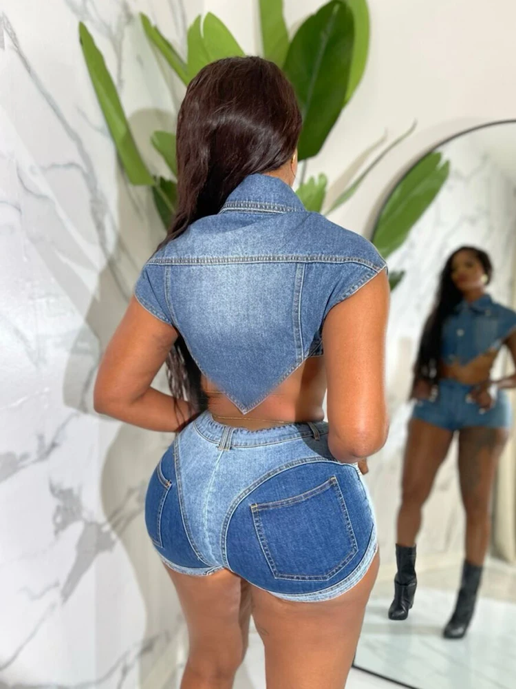 Stretchy Denim Suit Set Women Tight Summer Clothes Set Shorts and Blouse Woman 2piece Sexy Outfit Wholesale Dropshipping