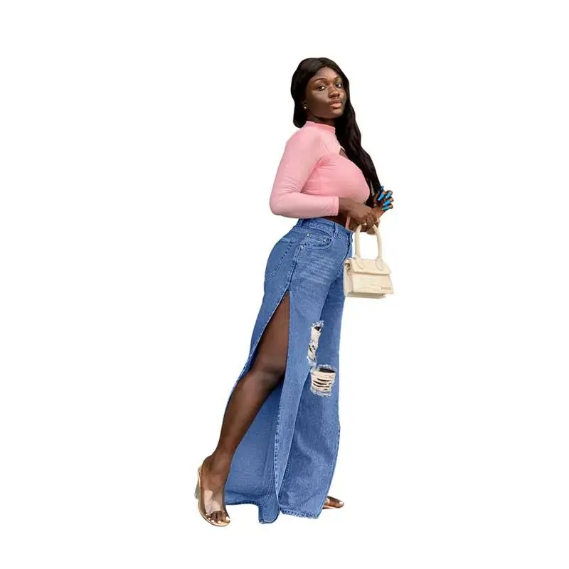 Traceable ZT6004 Damesjeans Hoge taille Lange broek Micro uitlopende benen Perforeren Ontwerp Zomer 2023 Faion Trend