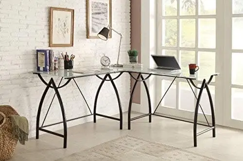 L-Shaped Computer Desk with Frosted Tempered Glass Top and Black Powder Coated Steel Frame