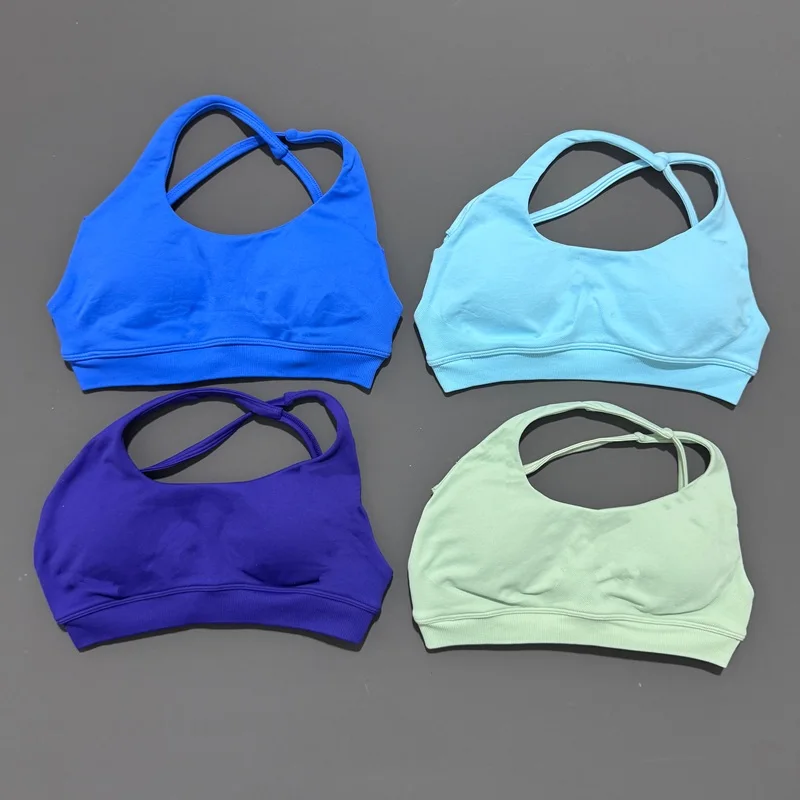 HISTELLO Asymmetric Sport Bra Women Seamless Yoga Strappy Halter Push-up Open Back Gym Crop Top Fitness Running Underwear image 4