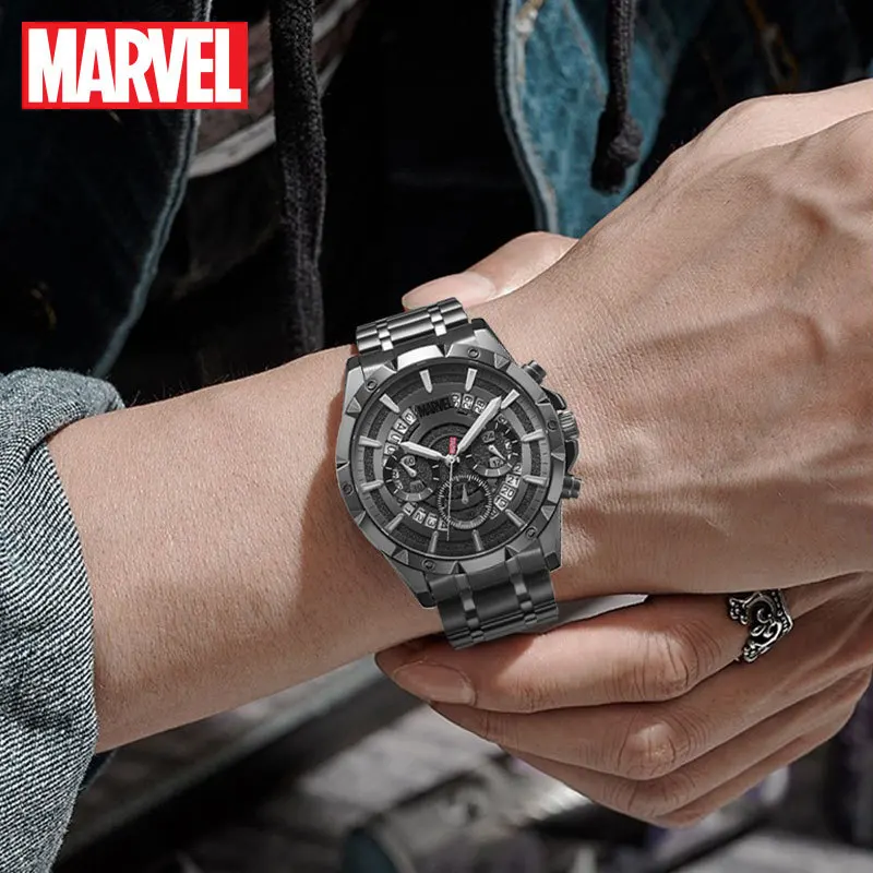 MARVEL The Avengers Original Mens Chronograph Quartz Wristwatch Calendar Coated Glass Steel Male Military 24 Hour Luminous Clock