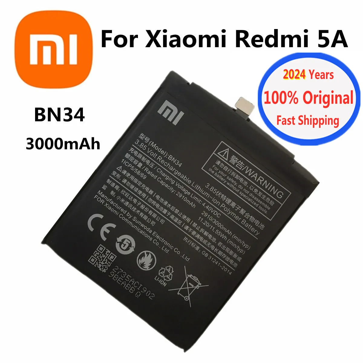 

2023 Years 100% Original Battery BN34 For Xiaomi Redmi 5A Redrice 5A 3000mAh Phone Replacement Battery Bateria + Tools