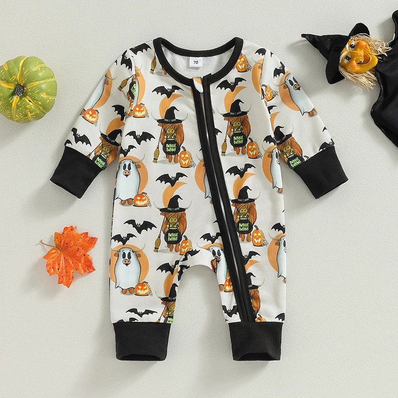 

Infant Toddler Halloween Costume Cow Print Long Sleeve Jumpsuit Zipper Romper for Baby Boy Fall Outfit Clothes