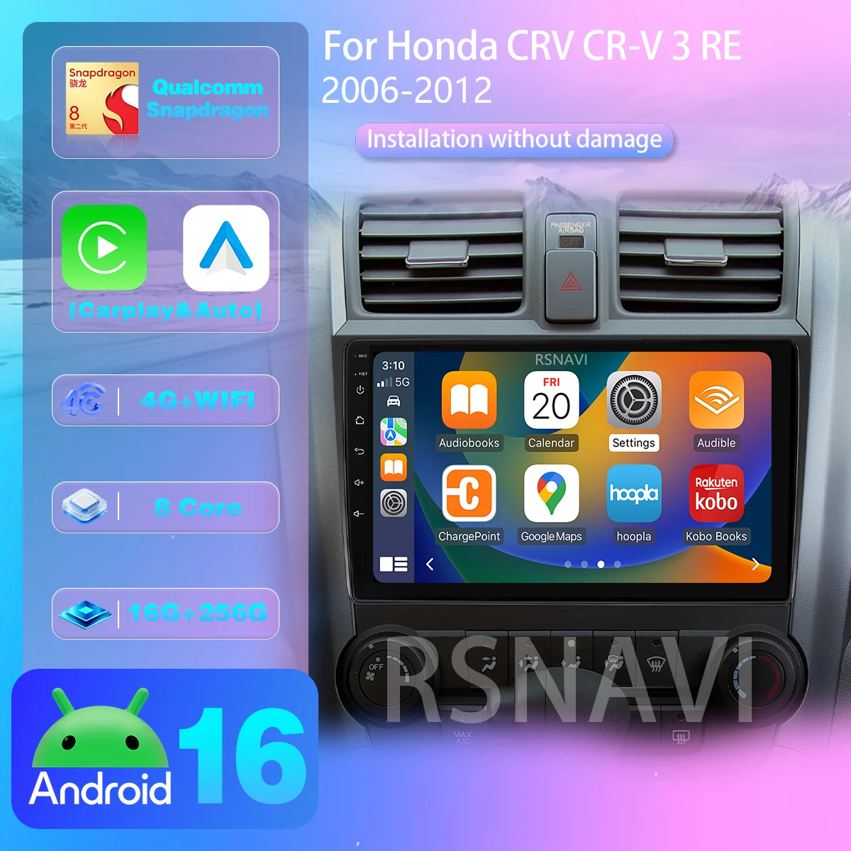 RSNAVI Android 16 Para Honda CR-V CRV 2006 - 2012 Rádio Automotivo Carplay Câmera 360 GPS Automotivo Navegação Multimídia Snapdragon