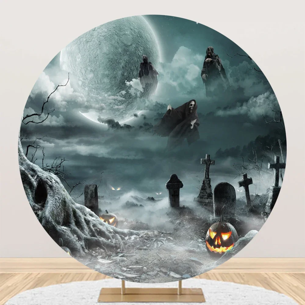 Tableclothsfactory Halloween Party Round Backdrop Horror Night Moon Pumpkin Witch Castle Kids Portrait Circle Cover for Photo