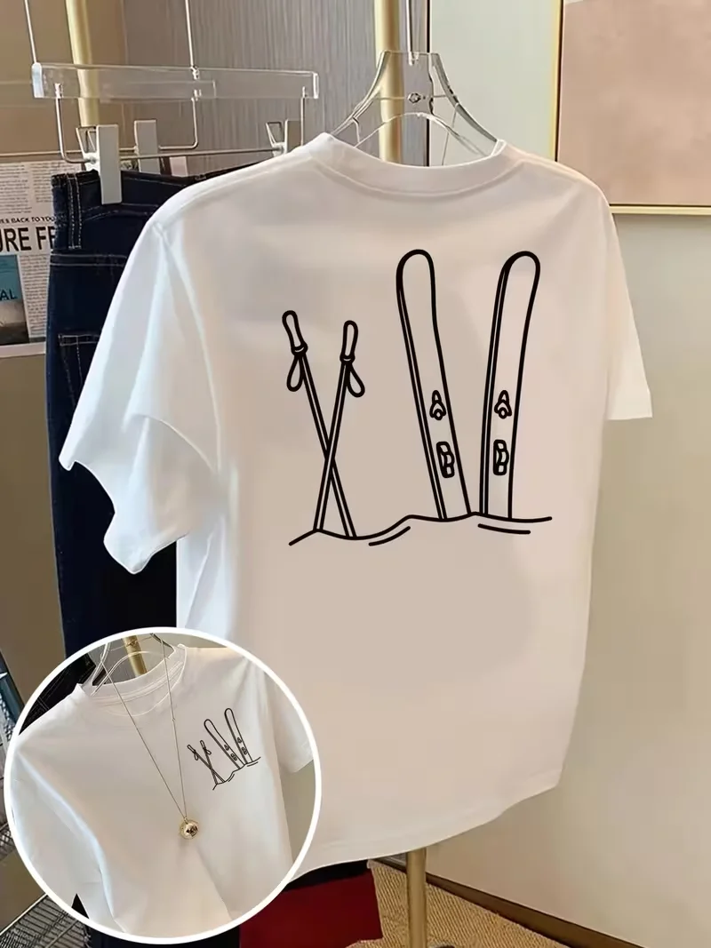 Women T Shirt Stylish Short Sleeve Ski Board and Ski Pole Prints Front Back Double Sided Casual Round Neck Soft Breathable