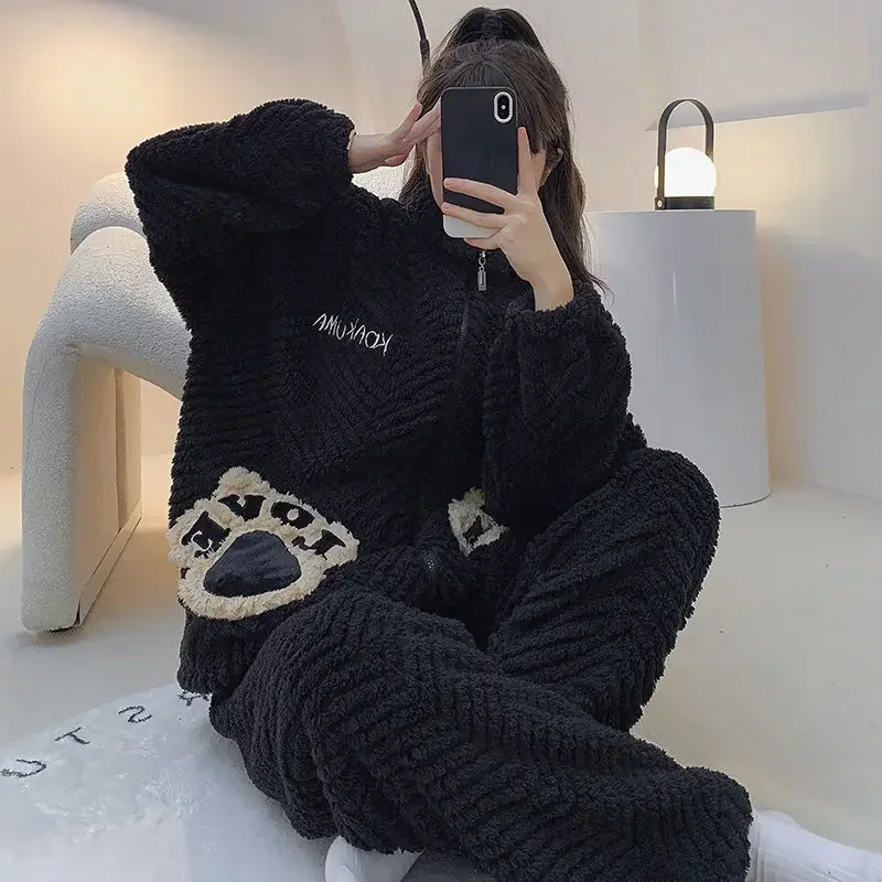 110KG Plus Size Coral Velvet Pajama Women Winter Thickened Sweet and Cute Flannel Wearing A Home Suit Underwear Sets Simple