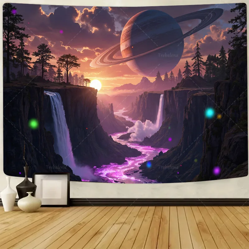 

1шт настенный гобелен "Футуристический каньон-водопад гобелен с Сатурнным небом, современное настенное искусство в стиле фэнтези"
