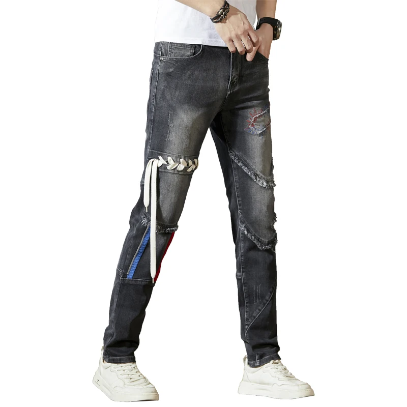 Men's Stitching Jeans Trendy Retro Washed Black Personalized Handsome Slim-Fitting Stretch Pencil Pants Motorcycle Long Pants