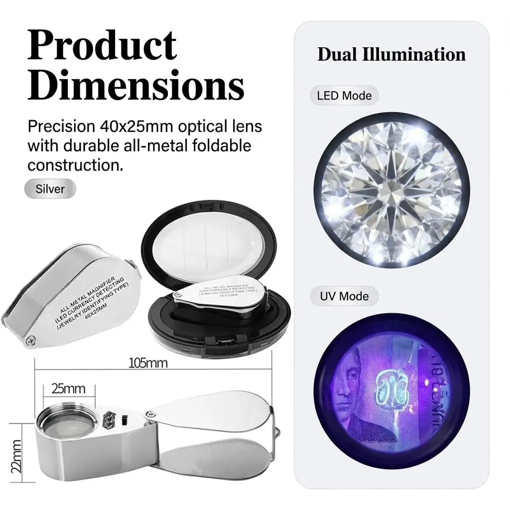 40-fache Metall-Schmucklupe mit LED-UV-Licht, Taschenlupe, faltbare Schmucklupe für Schmuck und Münzen – Detail 3