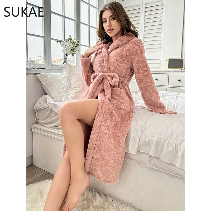 

SUKAE Winter Women Robes Warm Coral Hooded Gowns Hoodies Robe Woman Cozy Thermal Bathrobe Fluffy Long Sleeves Soft Nightwear