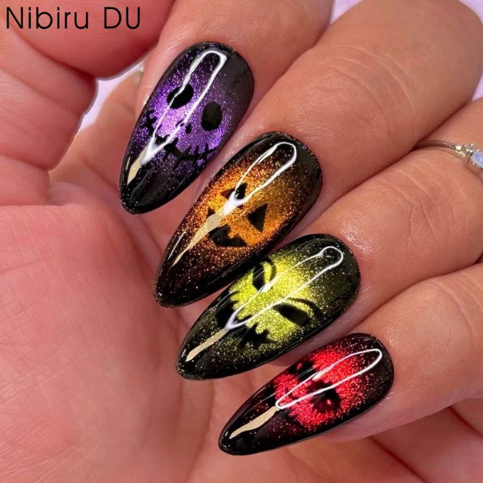 24pcs 2025 Halloween 3D Cat Eye Fake Nails Patch Scary Green Almond Shape Bat Ghost Skull Wearable False Nail Tips Manicure Sets