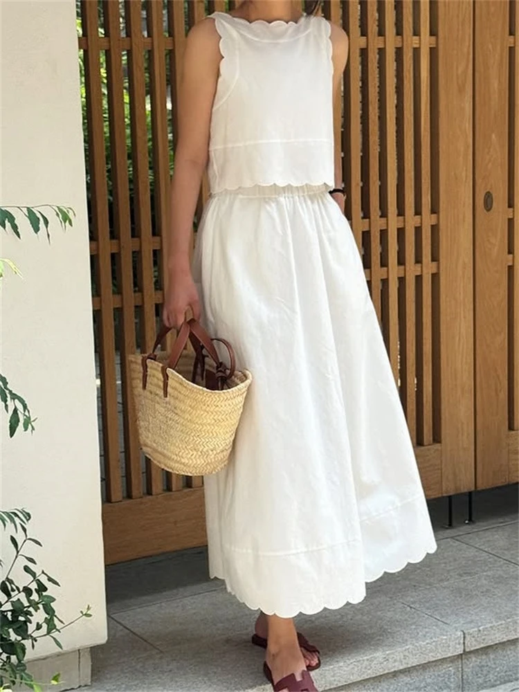 

2025 Girls Summer T Shirt Women Sleeveless Vest Crop Tops High Waist Long Skirts Women Two Piece Set Skinny Slim Elastic Bodycon