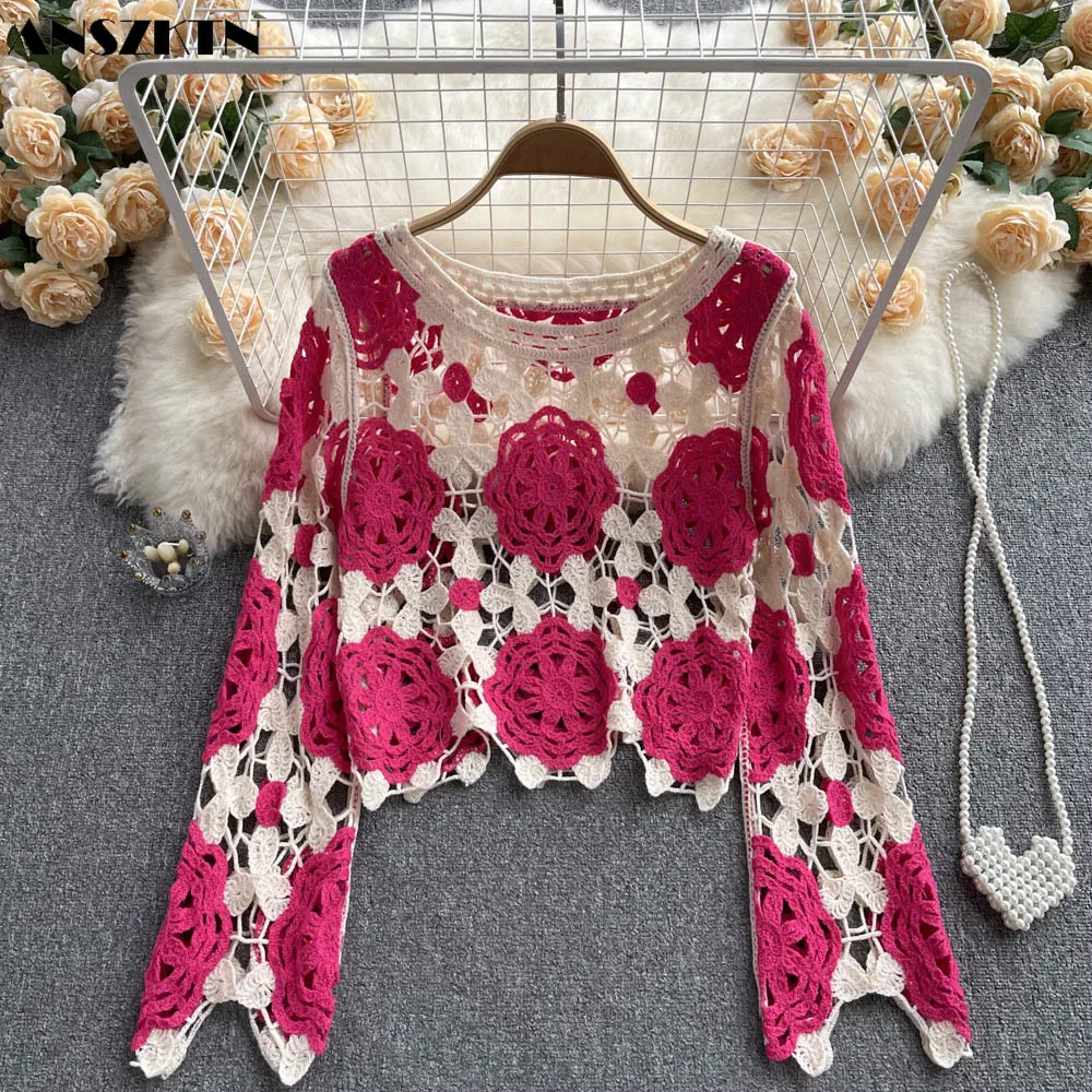 

Loose hollow long sleeve knitted women's shirt round neck T-shirt top