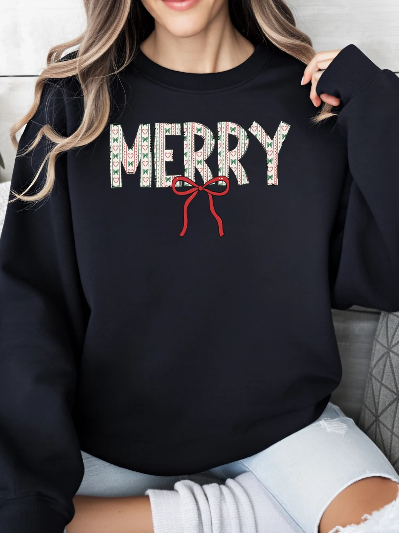

Толстовка с рождественским узором, праздничная женская повседневная одежда, черная, больших размеров