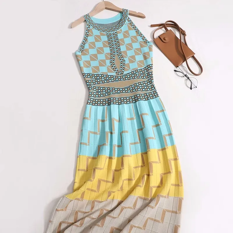 New 2024 Summer Fashion Runway Sexy Halter Neck Sleeveless Geometry Knitted Dress Women Slim Plaid Party Dresses Vestidos