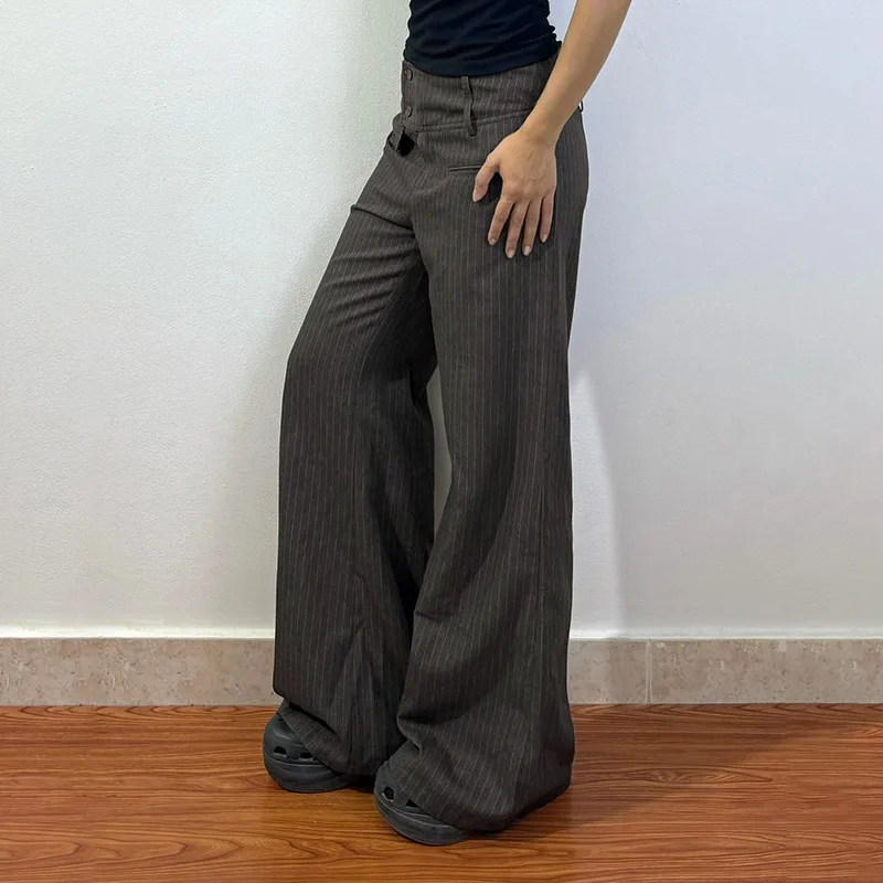 XIZOU 90s Retro Button-up Striped Pants Women Low Rise Loose Wid-leg Casual Pants for Summer Streetwear Y2K Aesthetic Trousers