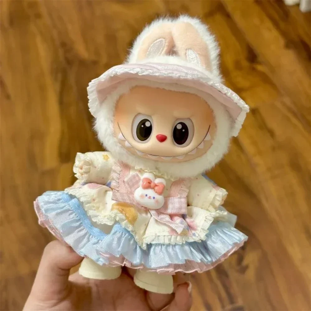 2025 novo 17cm caixa cega labubu traje cosplay mutável artesanal sapo e porco conjunto de pelúcia saia labubu boneca traje