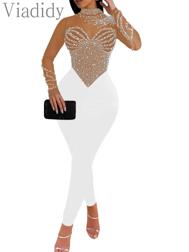 

Pearls Rhinestone Romper for Women Jumpsuits Mesh See Through Skinny One Piece Overalls