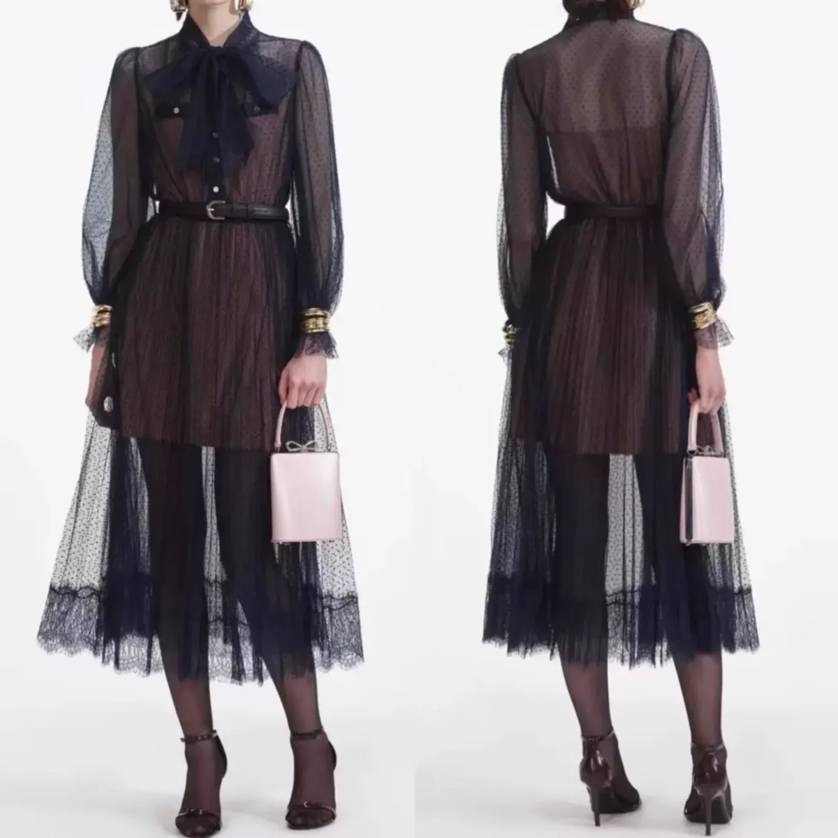 

Mesh Transparent Spliced Women's Midi Dress Spring 2025 Bow Decoration Long Sleeve Elegant Female Robe