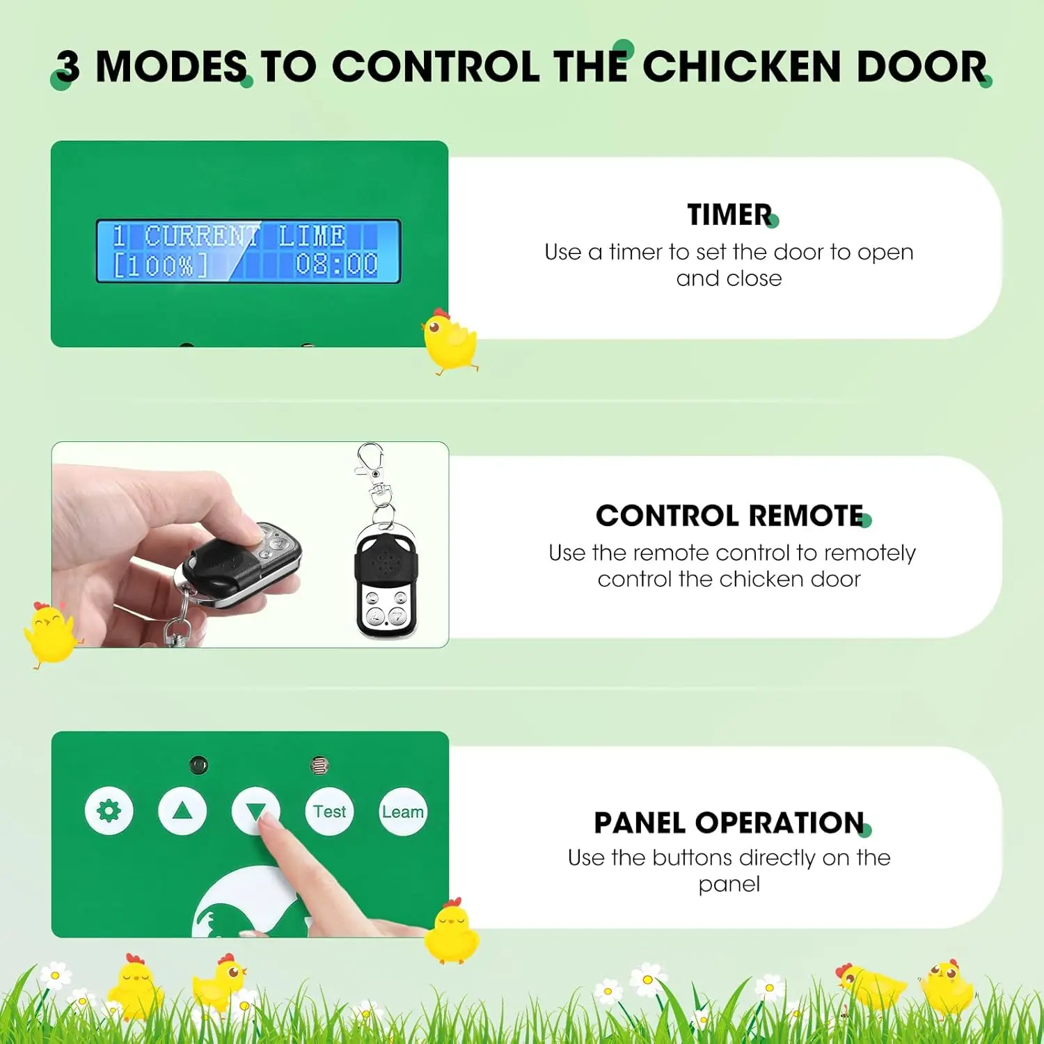 باب حظيرة الدجاج الأوتوماتيكي، فتاحة باب حظيرة الدجاج، توقيت ضوء الاستشعار اليدوي للتحكم عن بعد، 3 أوضاع إمداد الطاقة الشمسية