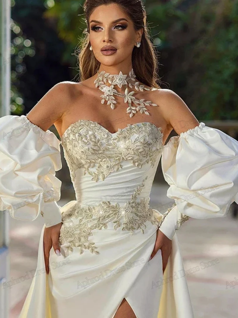 Robe de Mariée Royale en Satin A-ligne, Vêtement Éducatif à Manches Bouffantes, Sans Bretelles, Dos aux, Fente Haute, Quelle que soit la Broderie des Patients