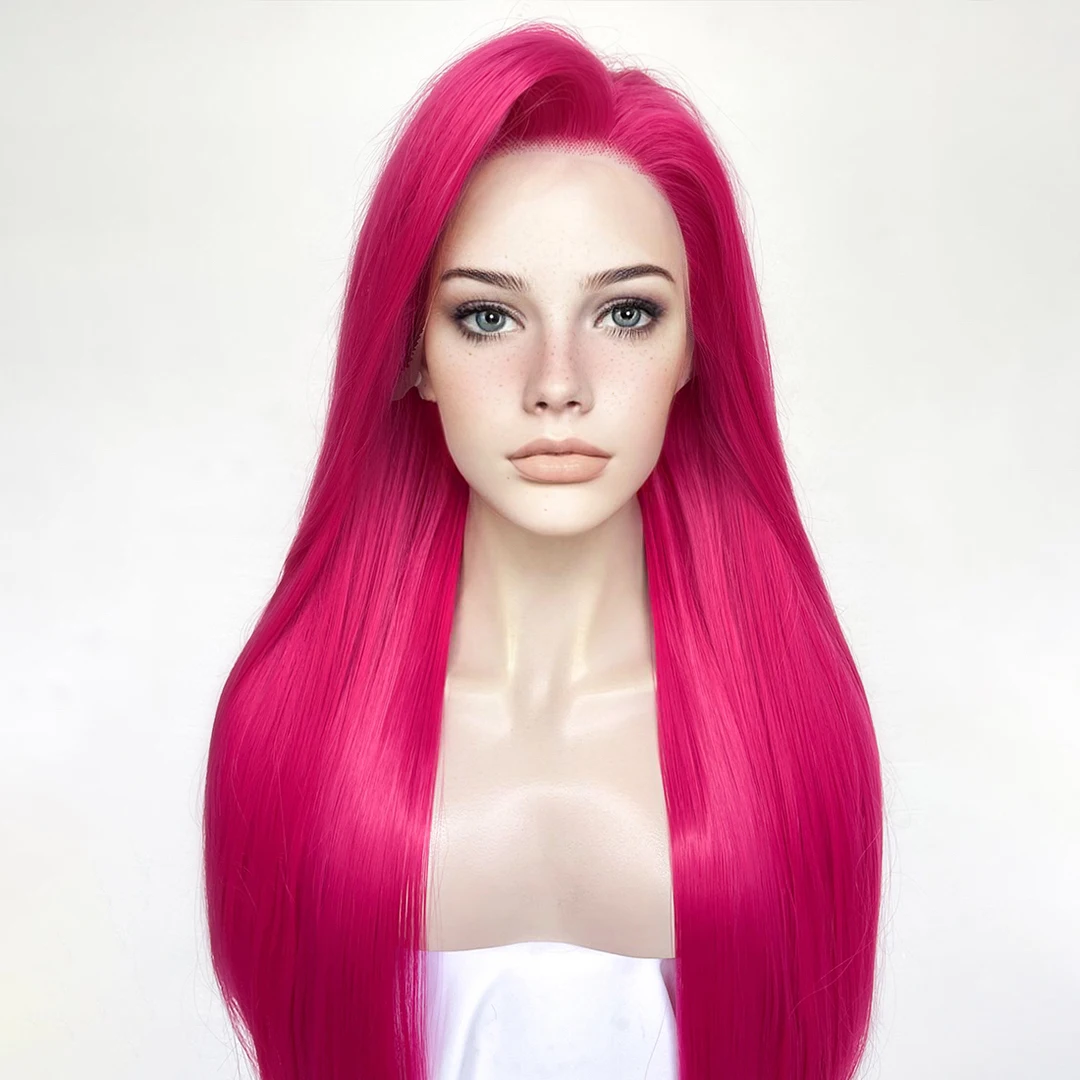 Glueless Purple Hot Pink Hair Synthetic Lace Front Wigs for Women Transparent High Temperature Fiber Silky Straight Lace Wigs