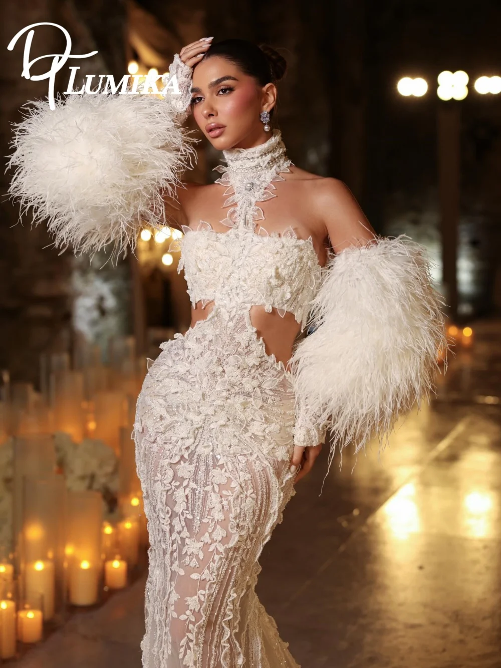 

2026 Daring Statement Wedding Dress Plumika Captivating 3D Floral Lace Mermaid Strapless Feather Sleeve Open Back Bridal Gown