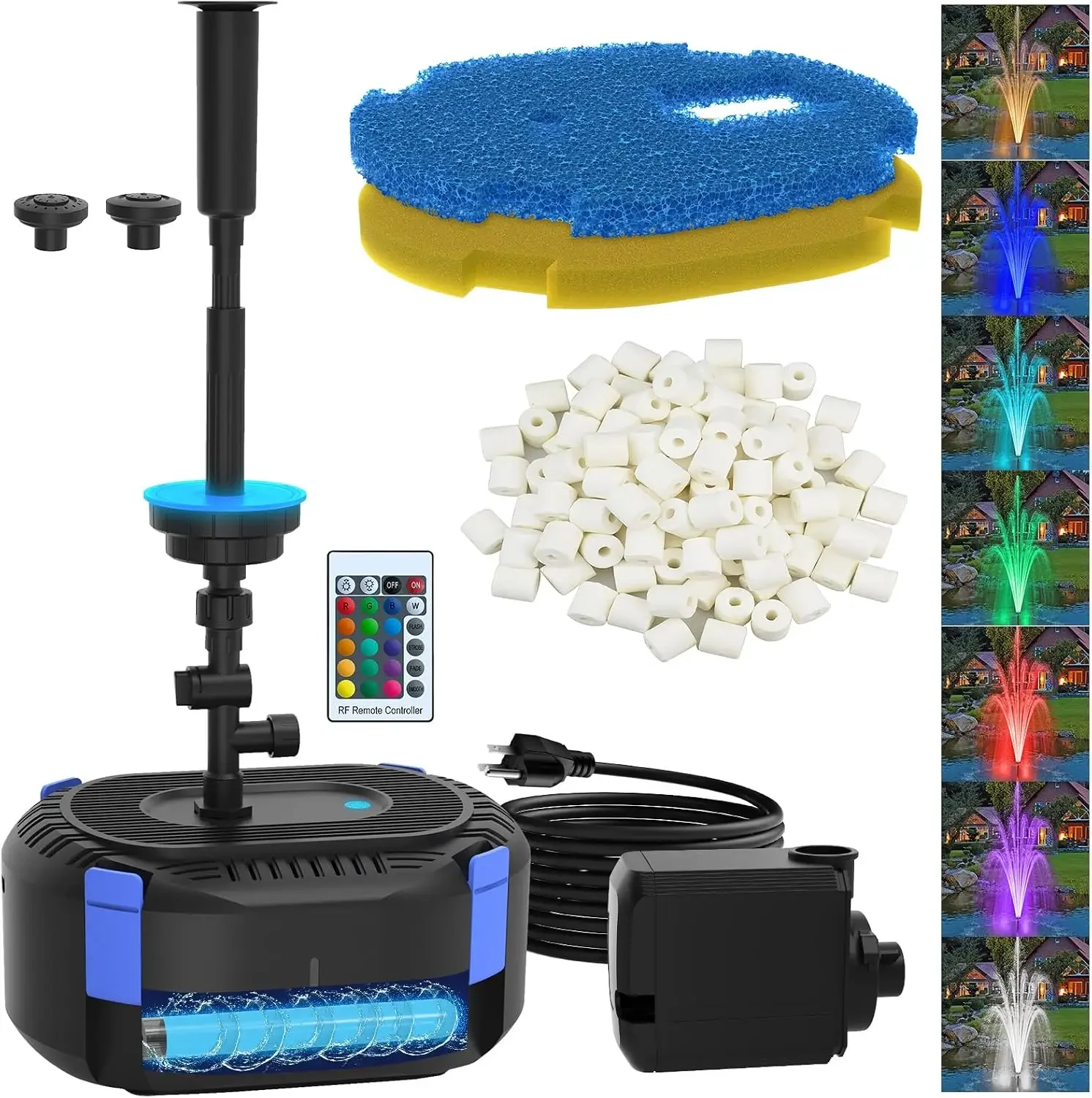 USA Stock All-in-1 Pond Fountain Kit 550GPH with 3-Spray Patterns Pond Filters System for Outdoor Ponds with Color LED & U - V L