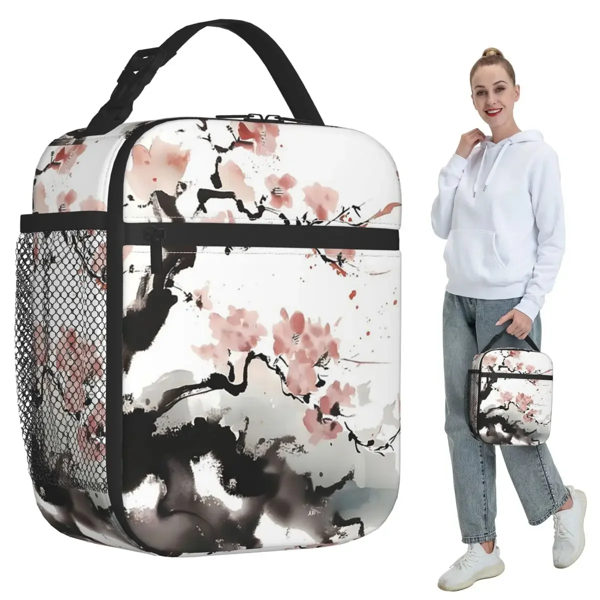 Japanese Sakura Floral Cherry Blossom Branch Insulated Lunch Bag for Kids School Cooler Thermal Food Box Tote Portable Lunch