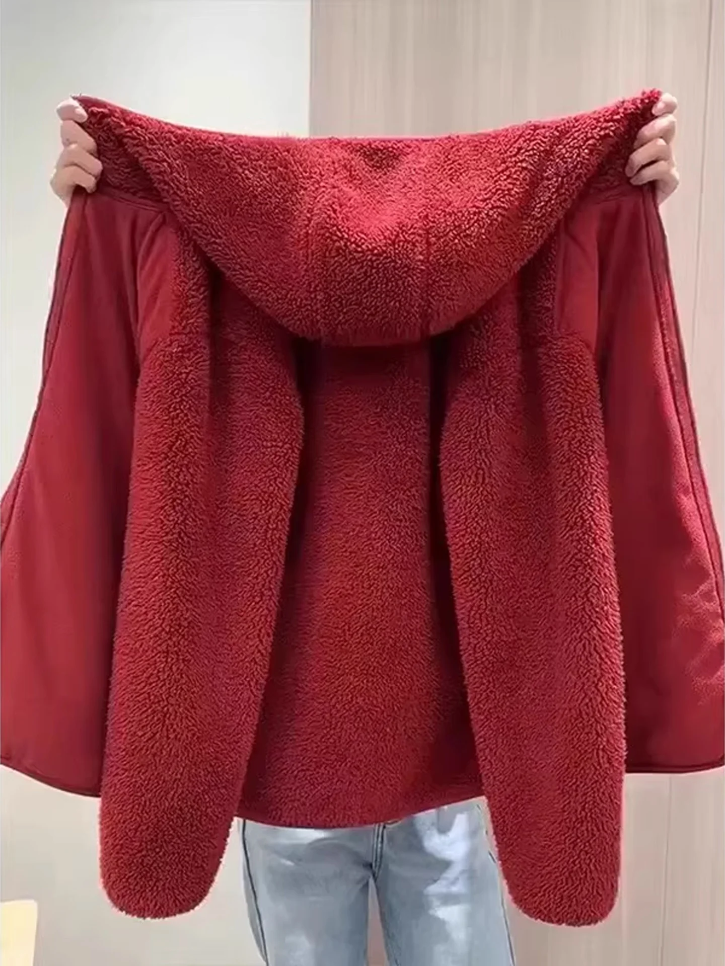 

Red Wine Color eep Velvet Hooded Cotton Jaet Men's Sle Winter Lazy Sle Fce Warm Sweatirt Coat Stand Fit Youth...