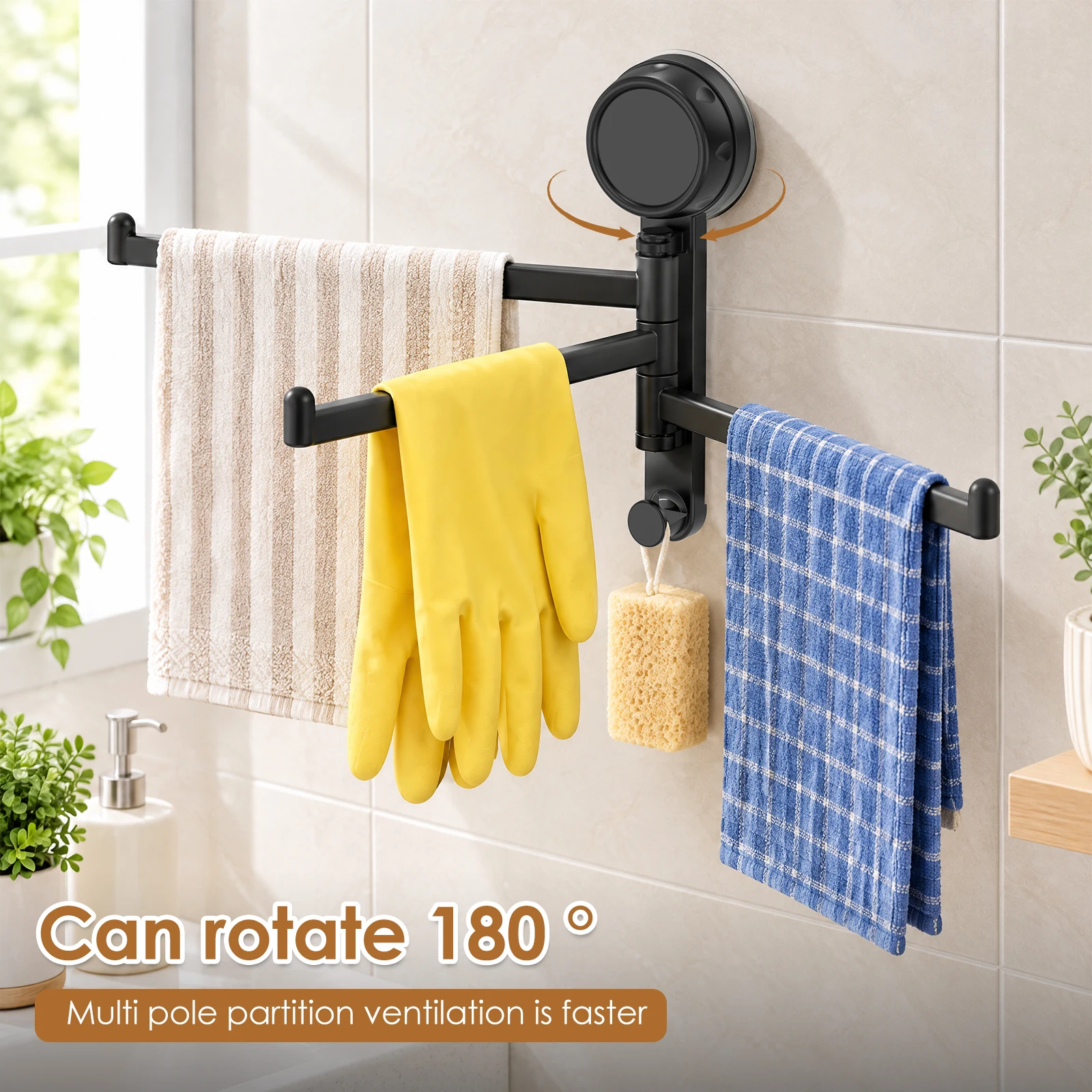 2Pcs Suction Cup Towel Bar with 180° Rotating Drain Rack Foldable Kitchen Towel Shelf Compact Multi Rod Bathroom Towel Rod
