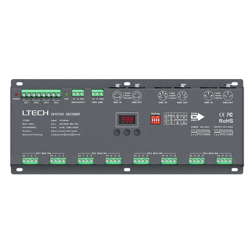 Imagem -05 - Ltech-dmx Decodificador Pwm Controlador de Tira Led Dc1224v Entrada 3a 24ch 32 Canais 72a 96a Saída Dmx512 Escravo Oled Xlr3 Xlr5 Rj45