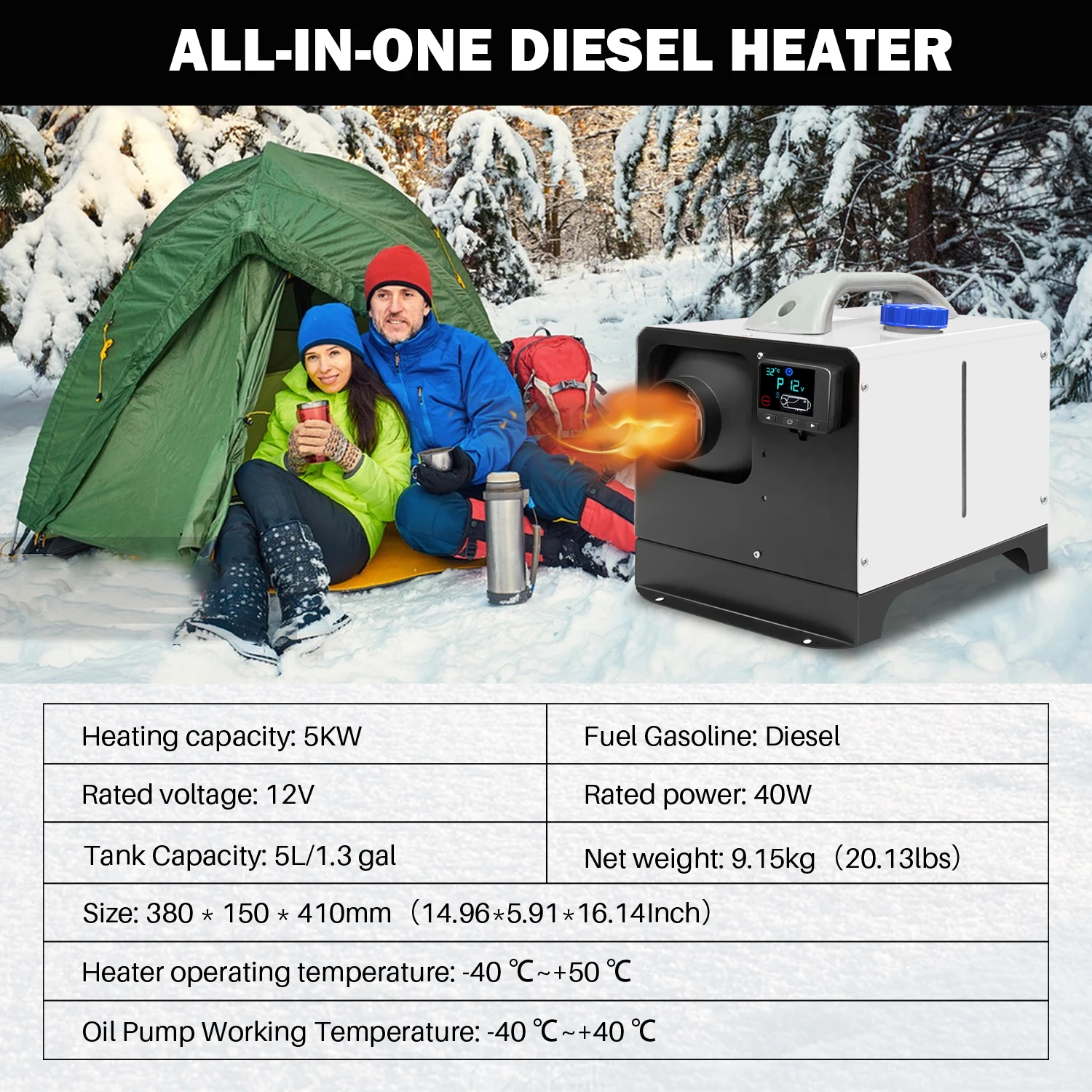 Treeligo 12V 5KW All-in-one Diesel Heater Portable Parking Heater with 5L Fuel Tank LCD Display For Car RV Camper Tent Camping
