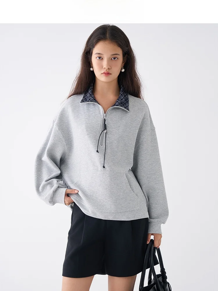 

Ретро-свитшот в американском стиле с клетчатыми вставками и молнией, женская свободная повседневная верхняя одежда, новинка весны, из смесового хлопка и полиэстера, с длинными рукавами