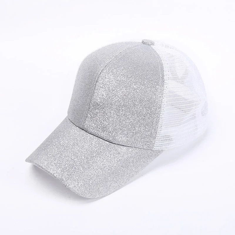 Casquette de Baseball queue de cheval pour femmes, paillettes brillantes, casquette d'été en maille, chapeau de soleil, couleur Pure, chapeau chignon haute en désordre