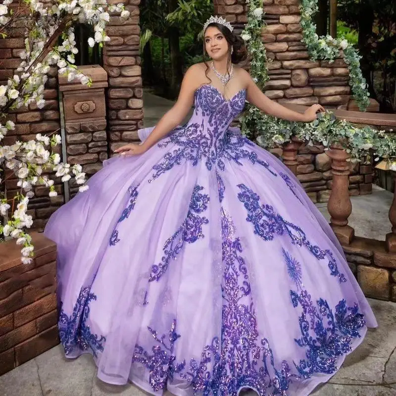 

Блестящее платье сиреневого цвета для Quinceanera, бальное платье, Кружевная аппликация, блестки, бисер, Мексиканский корсет, милый 15 лет, Vestido De 15 лет