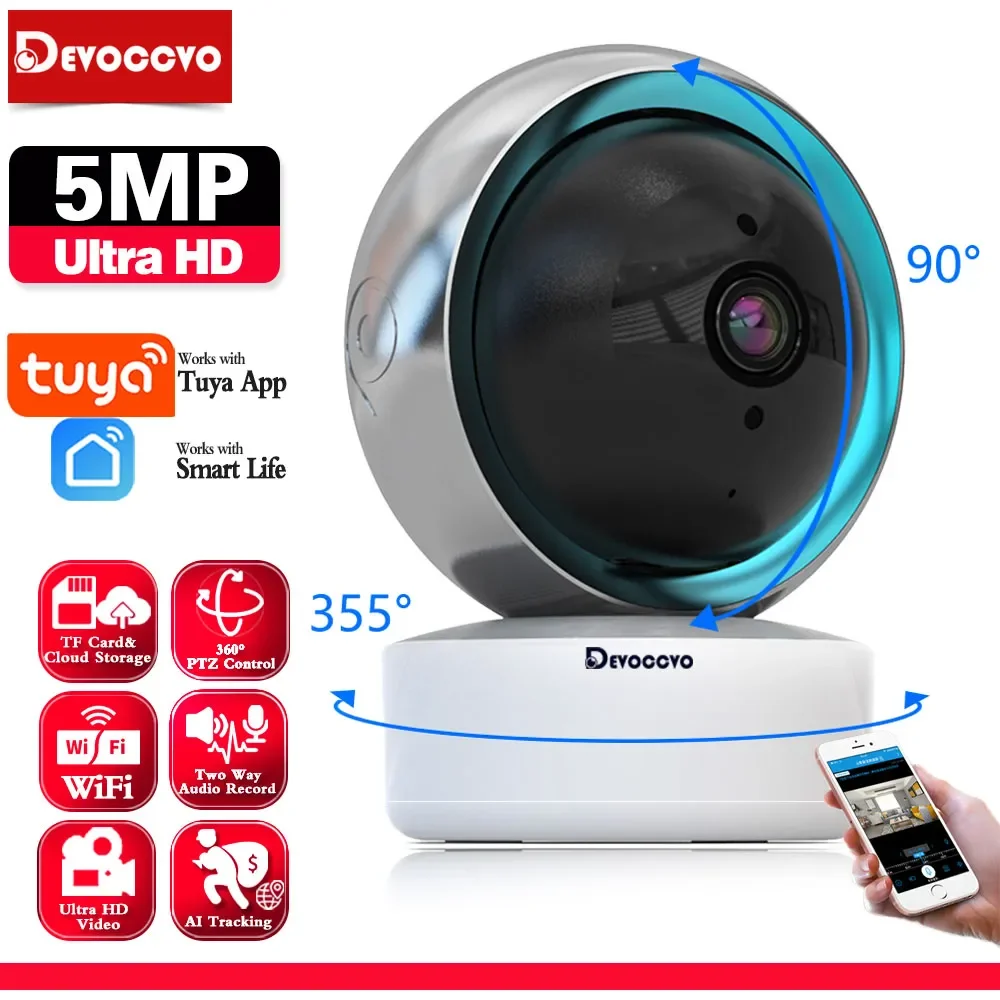 

5MP Tuya Wifi Smart Home Baby Monitor 2 Way Audio Mini Indoor Security IP Camera 2K PTZ Remote Access CCTV Surveillance Camera